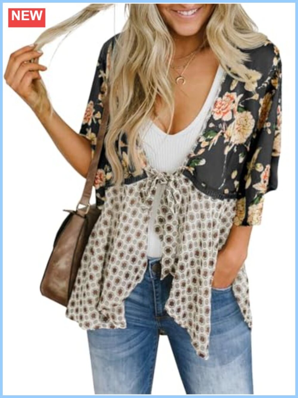 Women's Tie Front Kimono Cardigan Floral Print 3/4 Sleeve Summer Cover Up